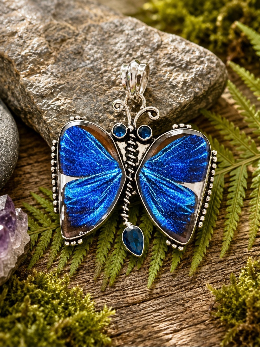 Fancy Dichroic Glass & Blue Tanzanite Butterfly 2.3” Pendant